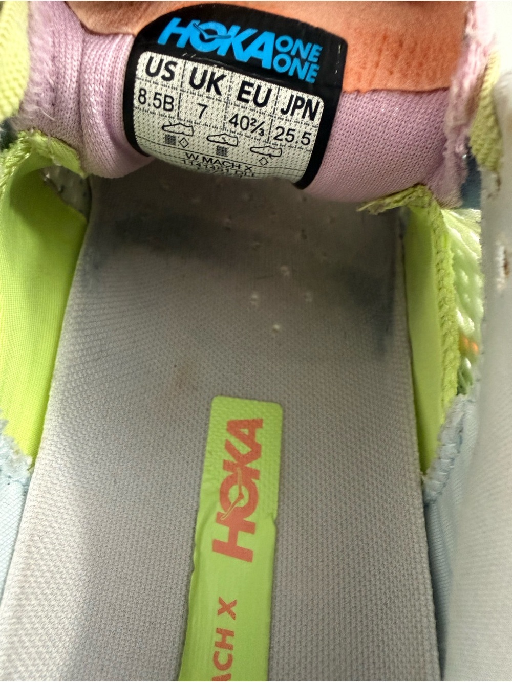 Hoka Mach X Women size 8.5 Athletic Shoes Blue Lime Coral - Picture 8 of 9
